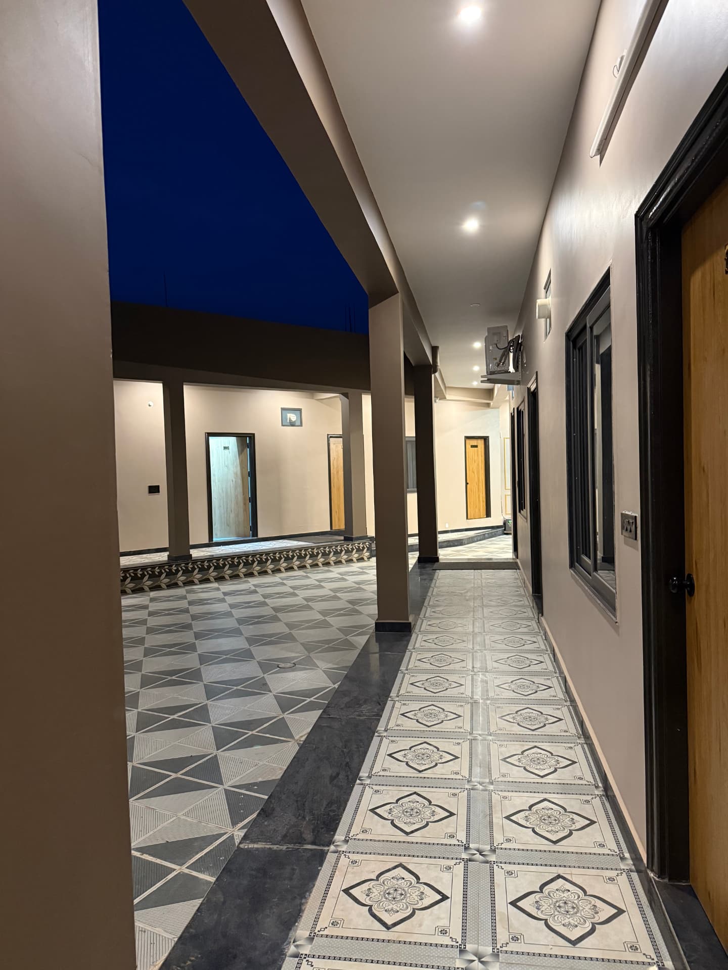 JSR Palace courtyard and pillared corridor at night, Pushkar